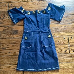 Vintage off the shoulder Navy Blue Dress with Button Accents size XS